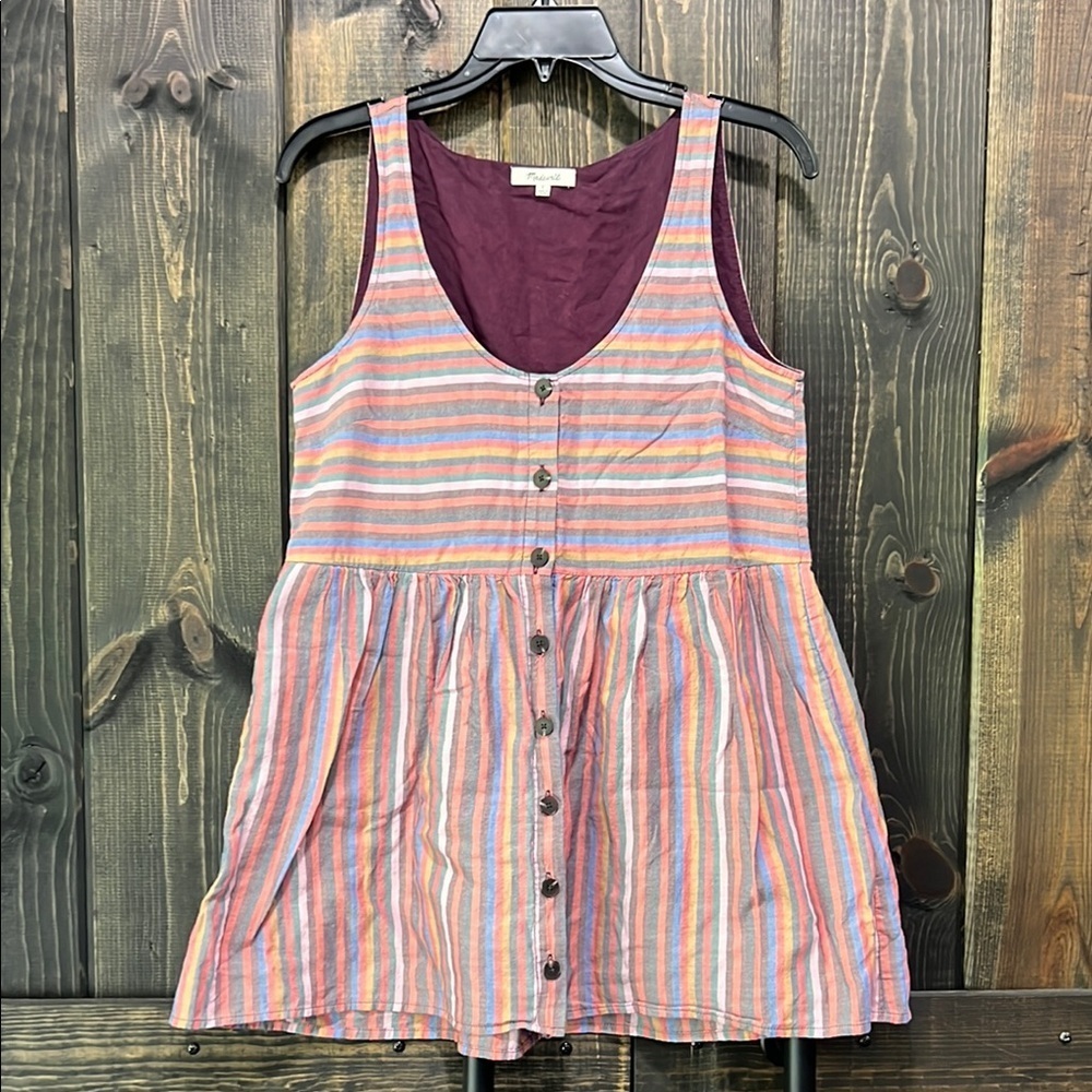 Madewell Rainbow Tank Top S Stripe Button Front Flowy Tunic Flared Hem Preppy